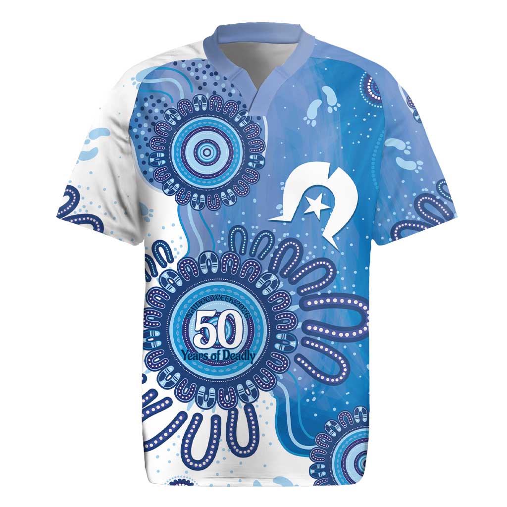 NAIDOC Week 2026 Rugby Jersey 50 Years Deadly Dhari Blue Aboriginal Art