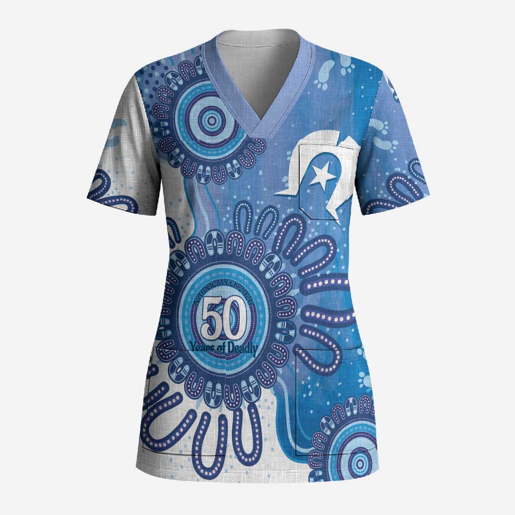 NAIDOC Week 2026 Scrub Top 50 Years Deadly Dhari Blue Aboriginal Art