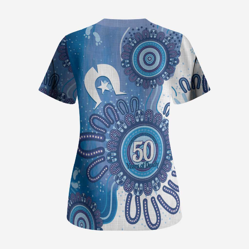 NAIDOC Week 2026 Scrub Top 50 Years Deadly Dhari Blue Aboriginal Art