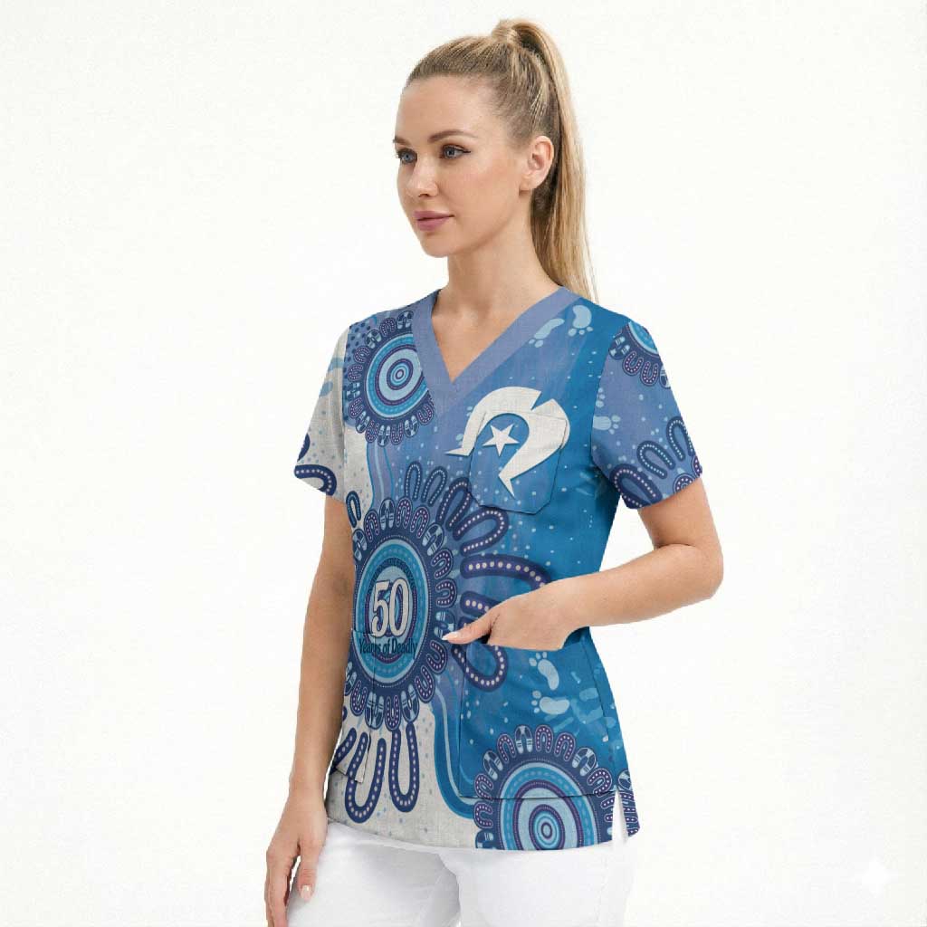 NAIDOC Week 2026 Scrub Top 50 Years Deadly Dhari Blue Aboriginal Art