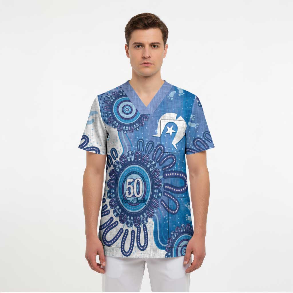 NAIDOC Week 2026 Scrub Top 50 Years Deadly Dhari Blue Aboriginal Art