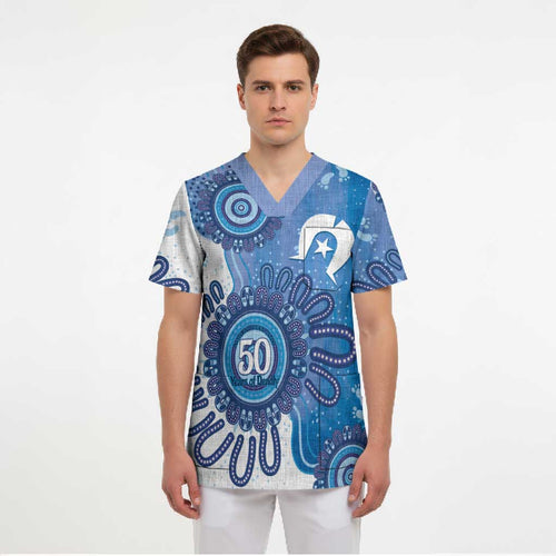 NAIDOC Week 2026 Scrub Top 50 Years Deadly Dhari Blue Aboriginal Art