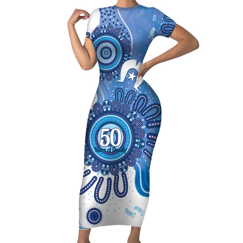 NAIDOC Week 2026 Short Sleeve Bodycon Dress 50 Years Deadly Dhari Blue Aboriginal Art