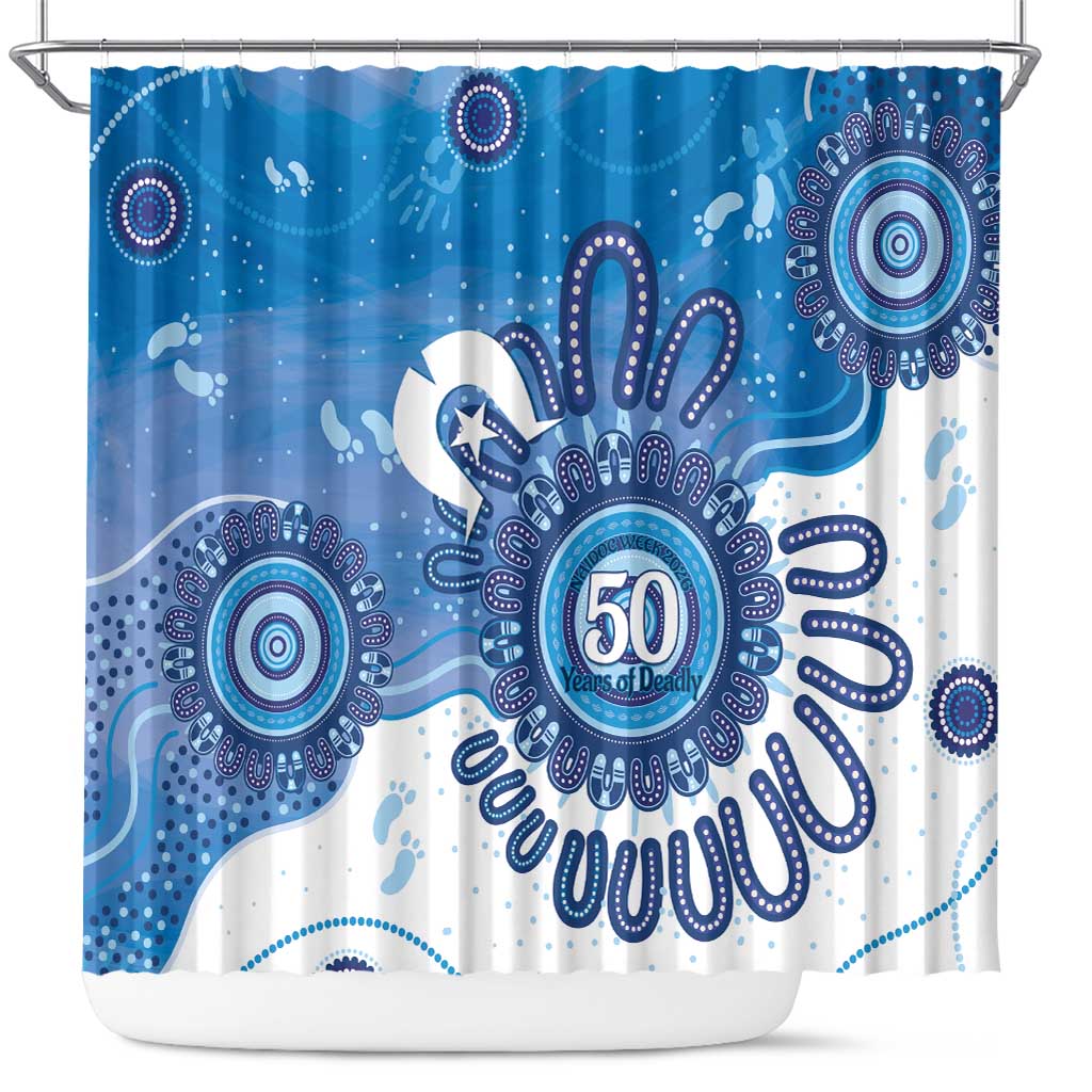 NAIDOC Week 2026 Shower Curtain 50 Years Deadly Dhari Blue Aboriginal Art