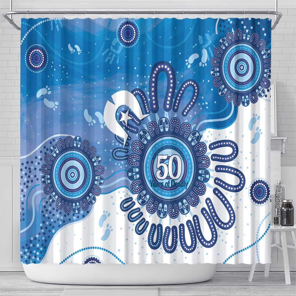 NAIDOC Week 2026 Shower Curtain 50 Years Deadly Dhari Blue Aboriginal Art