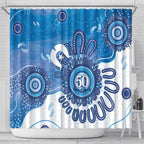 NAIDOC Week 2026 Shower Curtain 50 Years Deadly Dhari Blue Aboriginal Art
