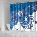 NAIDOC Week 2026 Shower Curtain 50 Years Deadly Dhari Blue Aboriginal Art