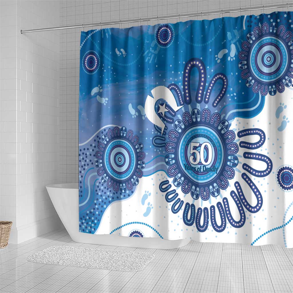 NAIDOC Week 2026 Shower Curtain 50 Years Deadly Dhari Blue Aboriginal Art