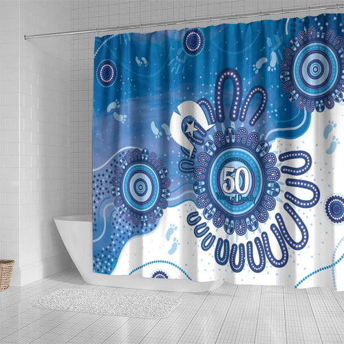 NAIDOC Week 2026 Shower Curtain 50 Years Deadly Dhari Blue Aboriginal Art