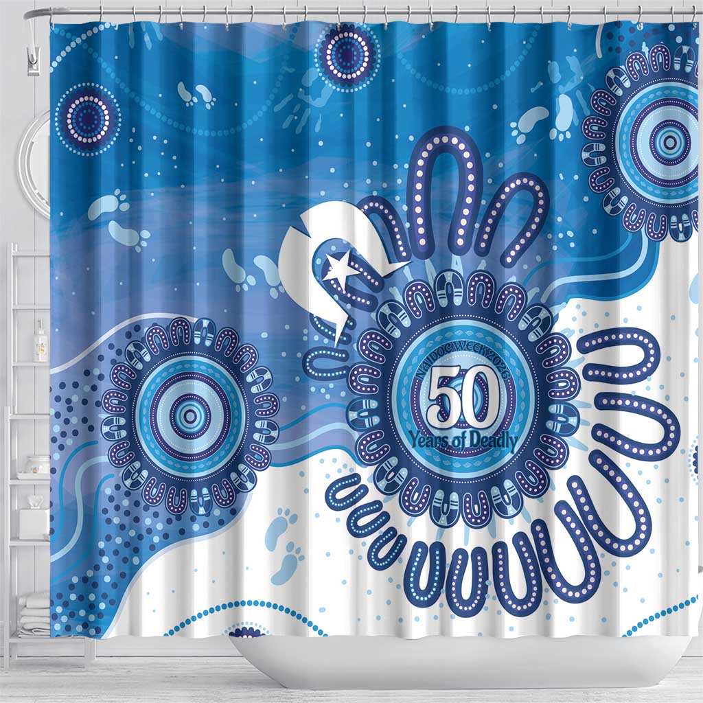 NAIDOC Week 2026 Shower Curtain 50 Years Deadly Dhari Blue Aboriginal Art