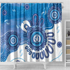 NAIDOC Week 2026 Shower Curtain 50 Years Deadly Dhari Blue Aboriginal Art