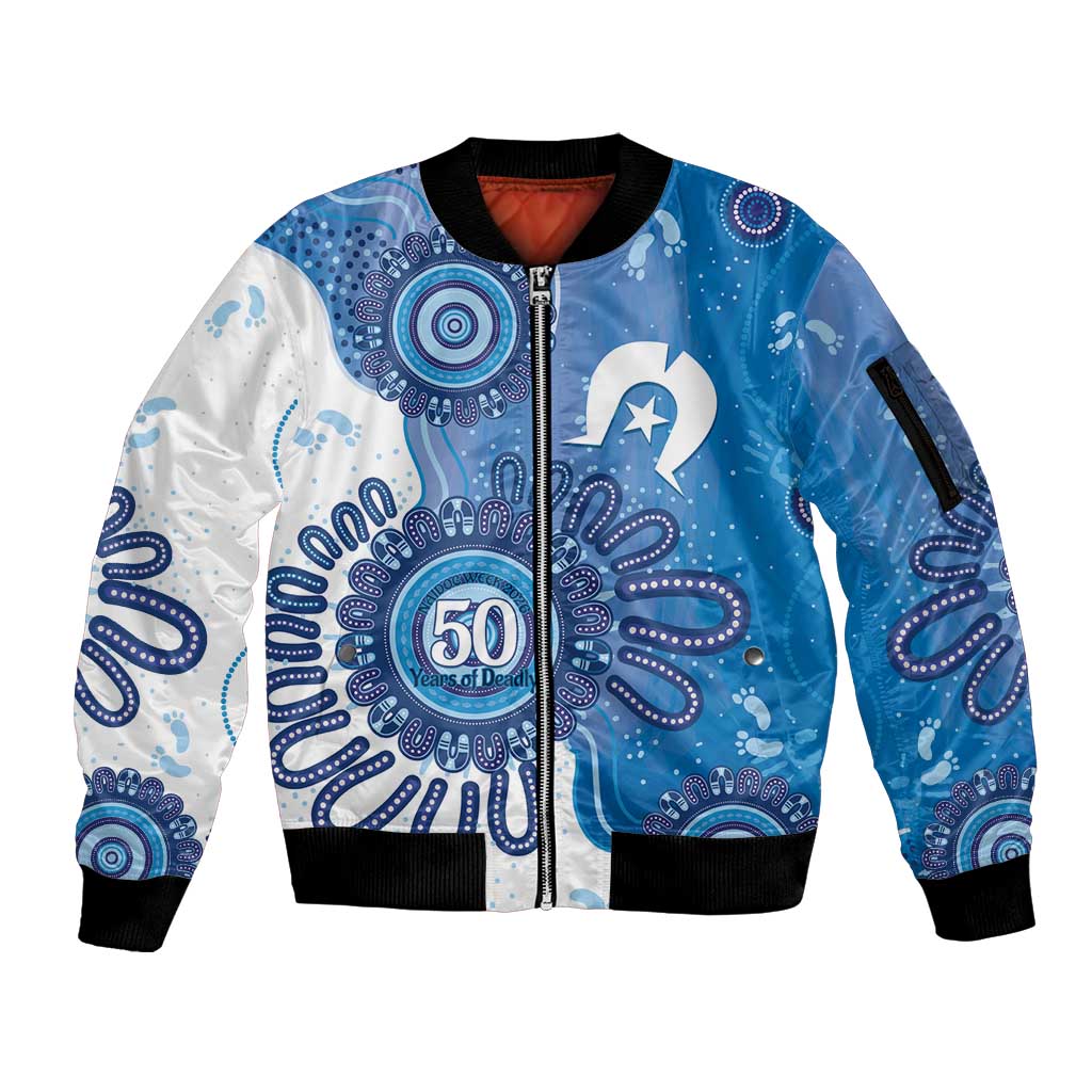 NAIDOC Week 2026 Sleeve Zip Bomber Jacket 50 Years Deadly Dhari Blue Aboriginal Art