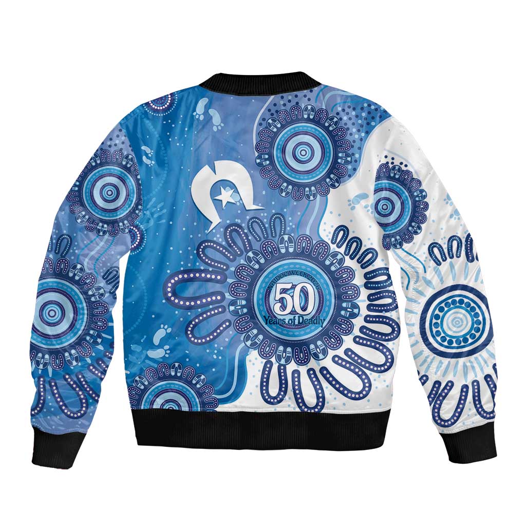 NAIDOC Week 2026 Sleeve Zip Bomber Jacket 50 Years Deadly Dhari Blue Aboriginal Art