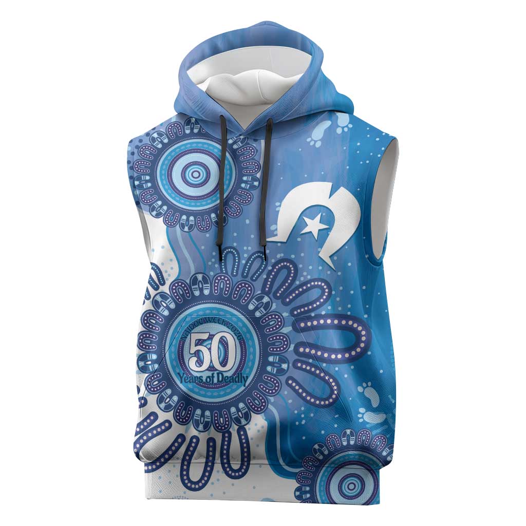 NAIDOC Week 2026 Sleeveless Hoodie 50 Years Deadly Dhari Blue Aboriginal Art
