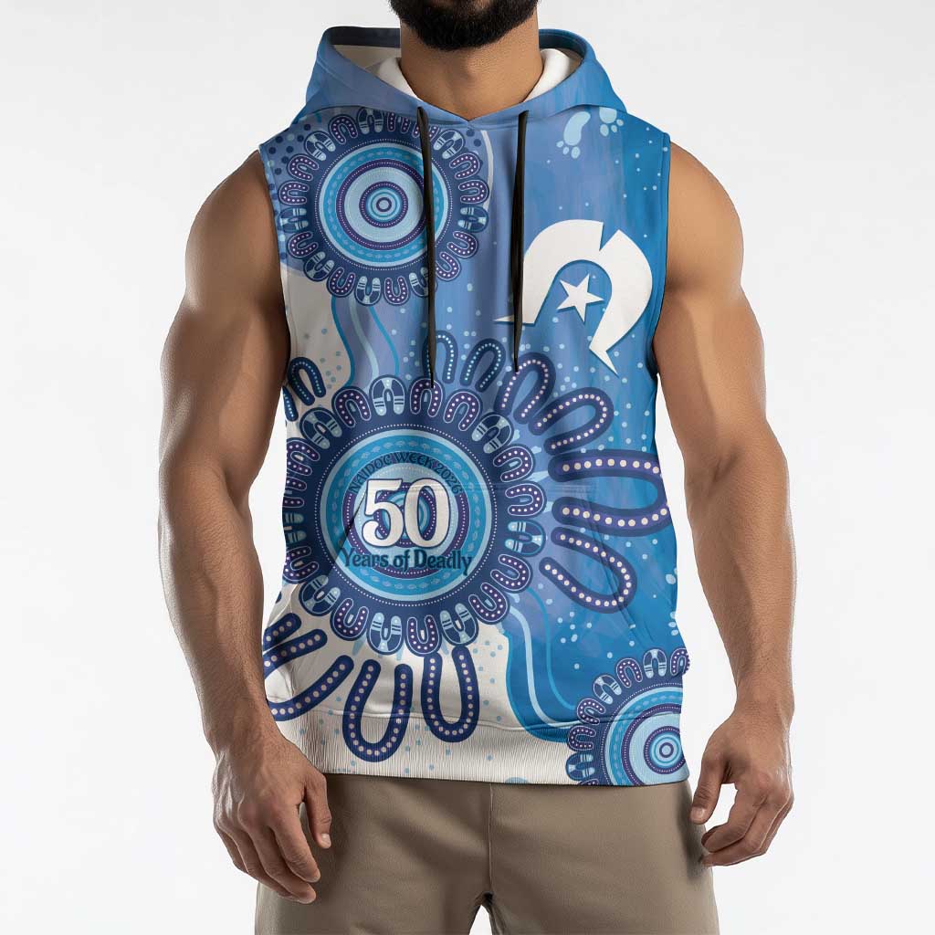 NAIDOC Week 2026 Sleeveless Hoodie 50 Years Deadly Dhari Blue Aboriginal Art