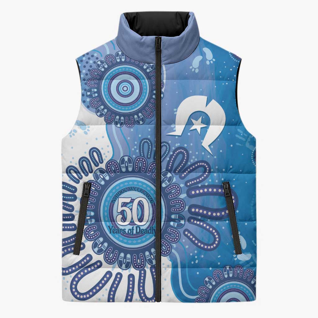 NAIDOC Week 2026 Sleeveless Puffer Jacket 50 Years Deadly Dhari Blue Aboriginal Art
