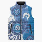 NAIDOC Week 2026 Sleeveless Puffer Jacket 50 Years Deadly Dhari Blue Aboriginal Art