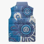 NAIDOC Week 2026 Sleeveless Puffer Jacket 50 Years Deadly Dhari Blue Aboriginal Art