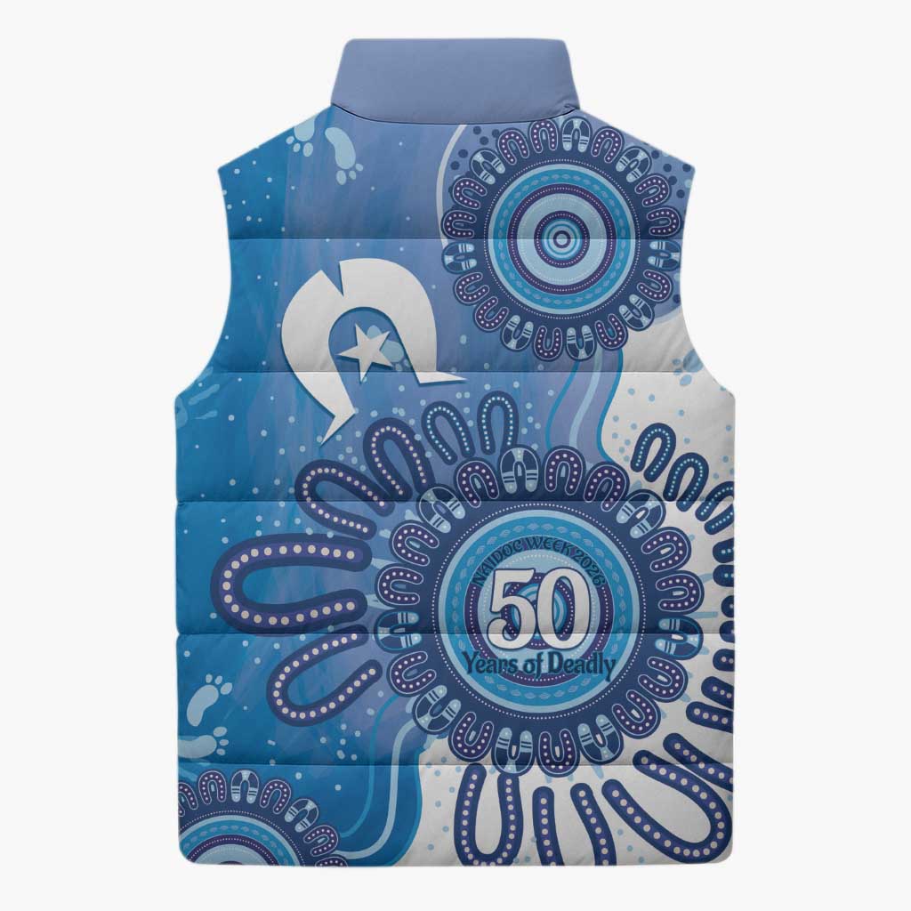 NAIDOC Week 2026 Sleeveless Puffer Jacket 50 Years Deadly Dhari Blue Aboriginal Art