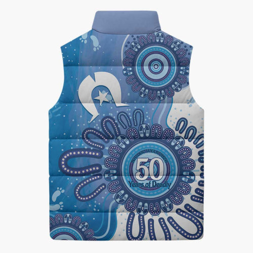 NAIDOC Week 2026 Sleeveless Puffer Jacket 50 Years Deadly Dhari Blue Aboriginal Art