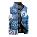 NAIDOC Week 2026 Sleeveless Puffer Jacket 50 Years Deadly Dhari Blue Aboriginal Art