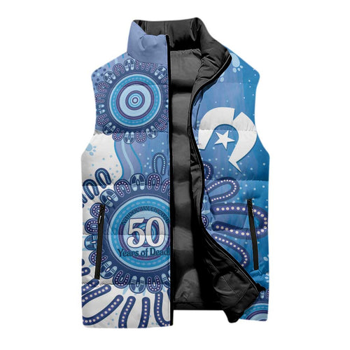 NAIDOC Week 2026 Sleeveless Puffer Jacket 50 Years Deadly Dhari Blue Aboriginal Art