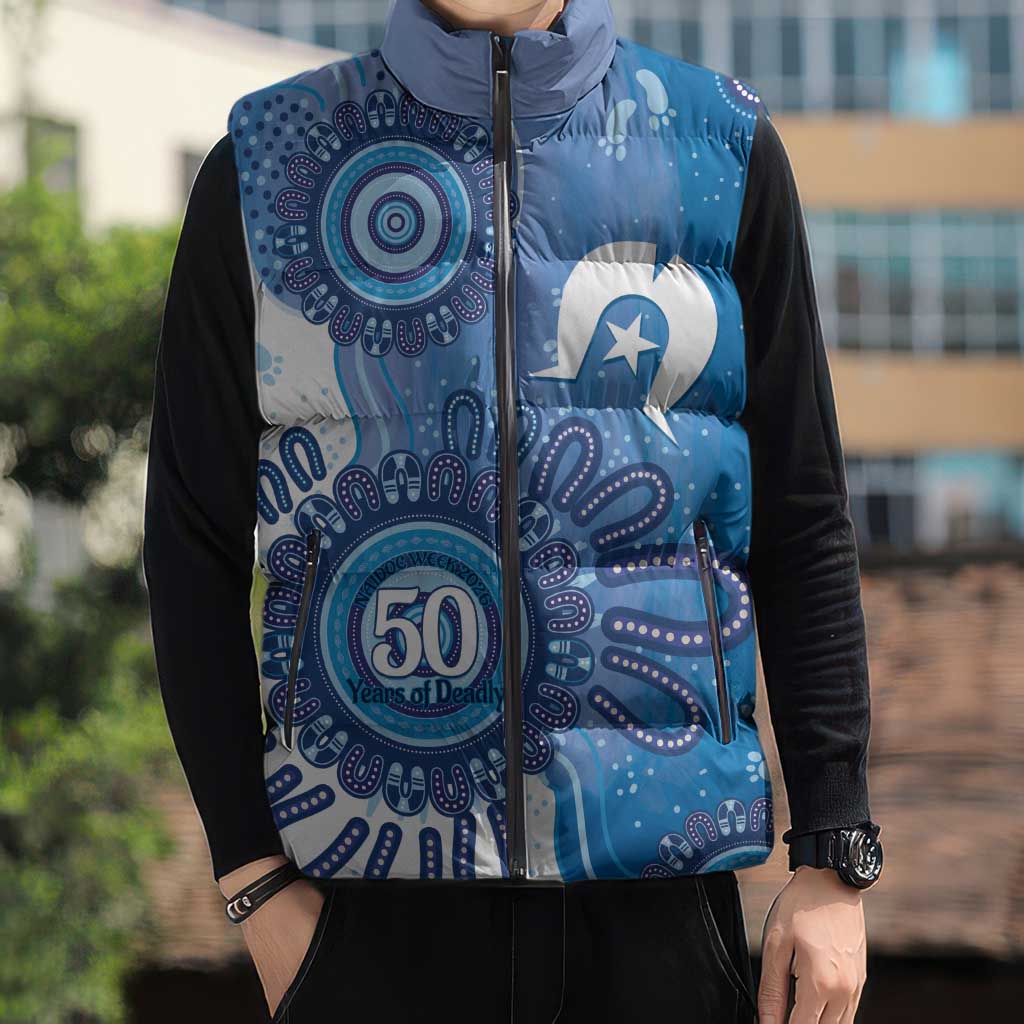 NAIDOC Week 2026 Sleeveless Puffer Jacket 50 Years Deadly Dhari Blue Aboriginal Art