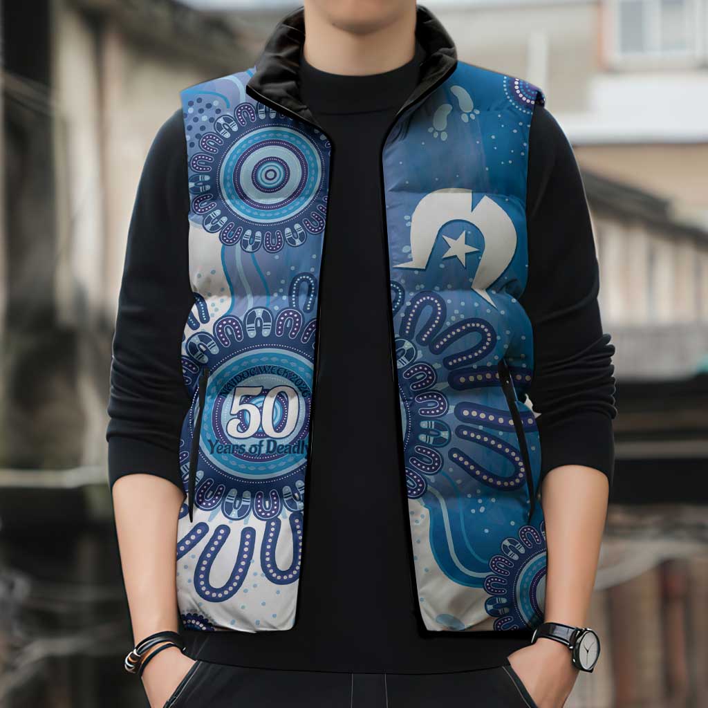 NAIDOC Week 2026 Sleeveless Puffer Jacket 50 Years Deadly Dhari Blue Aboriginal Art