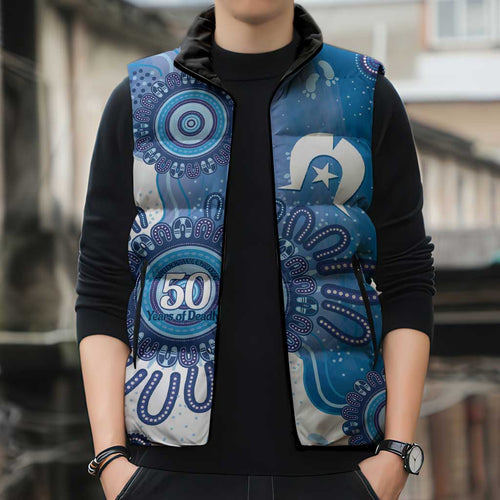 NAIDOC Week 2026 Sleeveless Puffer Jacket 50 Years Deadly Dhari Blue Aboriginal Art