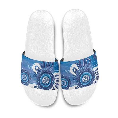 NAIDOC Week 2026 Slide Sandals 50 Years Deadly Dhari Blue Aboriginal Art