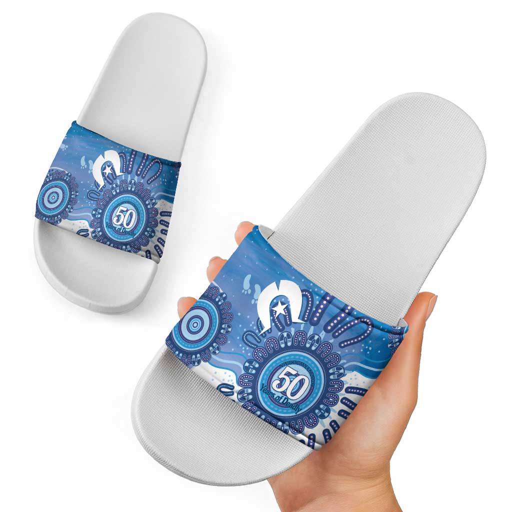 NAIDOC Week 2026 Slide Sandals 50 Years Deadly Dhari Blue Aboriginal Art