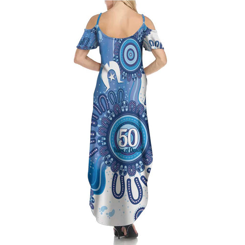 NAIDOC Week 2026 Summer Maxi Dress 50 Years Deadly Dhari Blue Aboriginal Art
