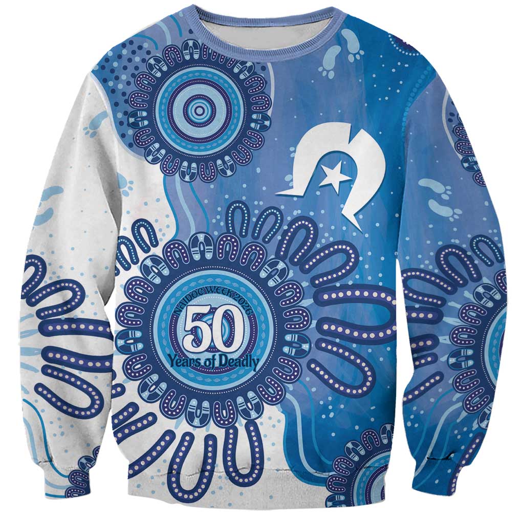 NAIDOC Week 2026 Sweatshirt 50 Years Deadly Dhari Blue Aboriginal Art
