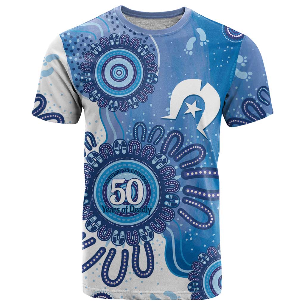 NAIDOC Week 2026 T Shirt 50 Years Deadly Dhari Blue Aboriginal Art