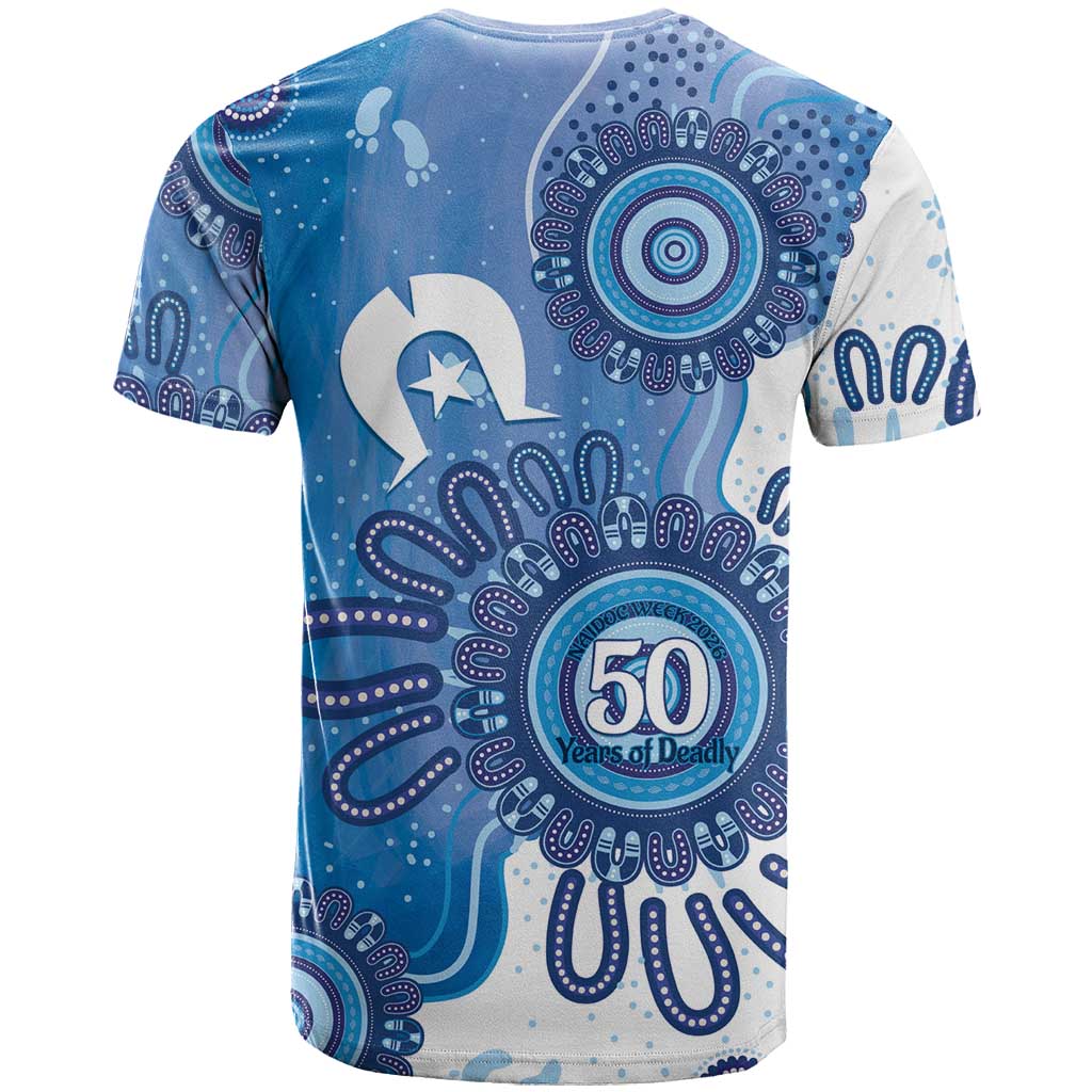 NAIDOC Week 2026 T Shirt 50 Years Deadly Dhari Blue Aboriginal Art