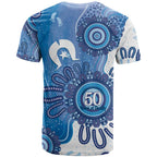 NAIDOC Week 2026 T Shirt 50 Years Deadly Dhari Blue Aboriginal Art