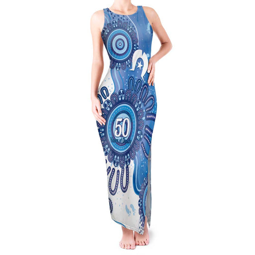 NAIDOC Week 2026 Tank Maxi Dress 50 Years Deadly Dhari Blue Aboriginal Art