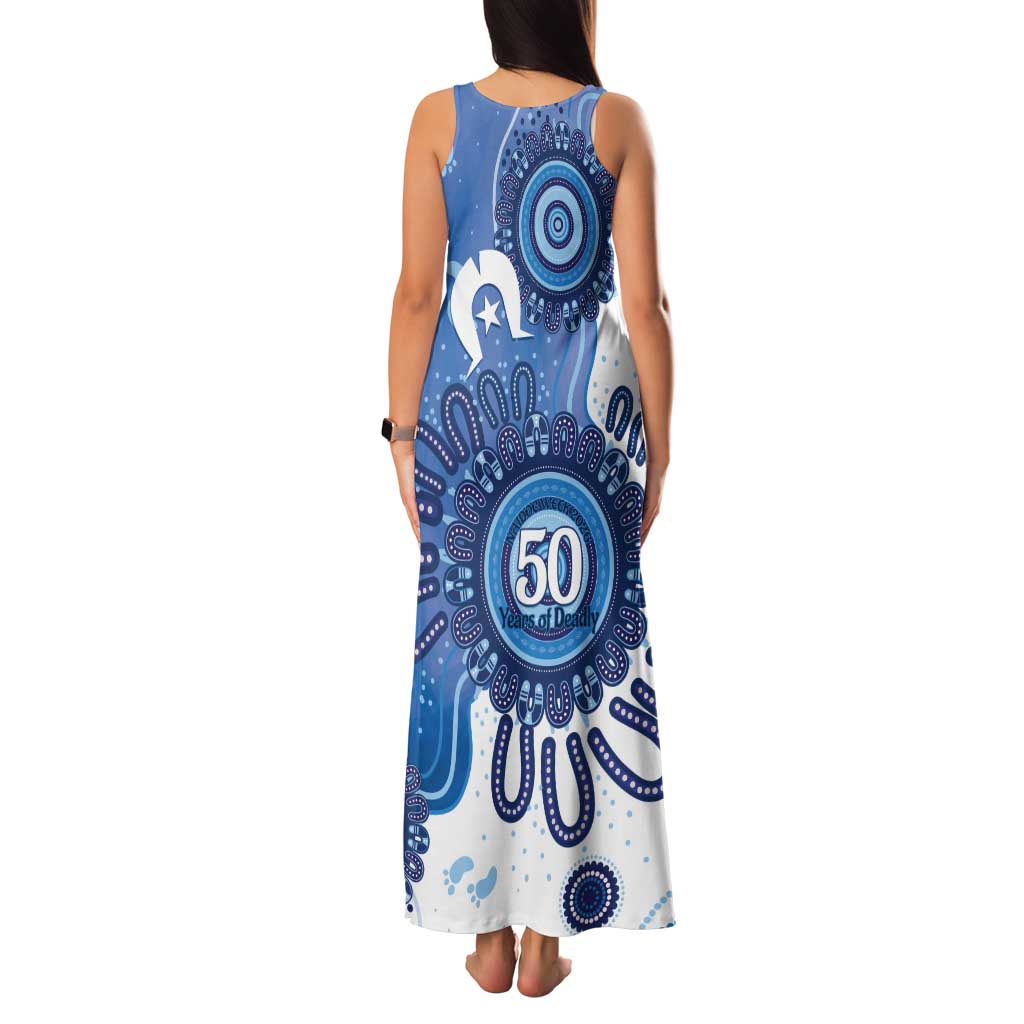 NAIDOC Week 2026 Tank Maxi Dress 50 Years Deadly Dhari Blue Aboriginal Art