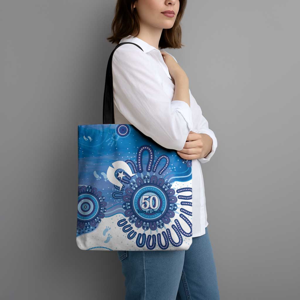 NAIDOC Week 2026 Tote Bag 50 Years Deadly Dhari Blue Aboriginal Art