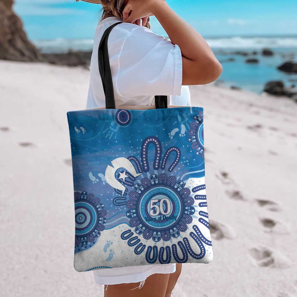 NAIDOC Week 2026 Tote Bag 50 Years Deadly Dhari Blue Aboriginal Art