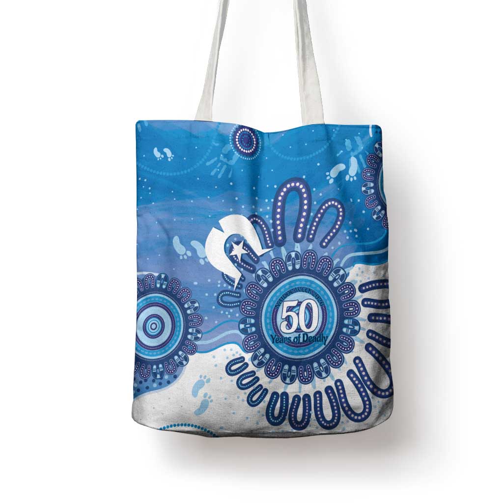 NAIDOC Week 2026 Tote Bag 50 Years Deadly Dhari Blue Aboriginal Art