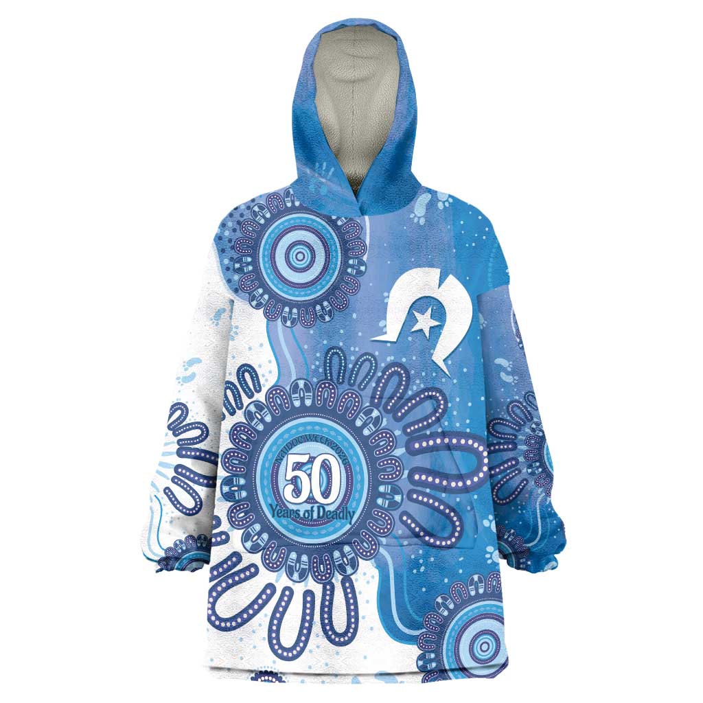 NAIDOC Week 2026 Wearable Blanket Hoodie 50 Years Deadly Dhari Blue Aboriginal Art