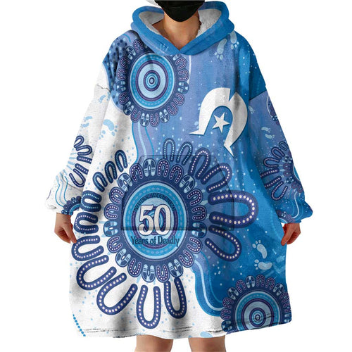 NAIDOC Week 2026 Wearable Blanket Hoodie 50 Years Deadly Dhari Blue Aboriginal Art