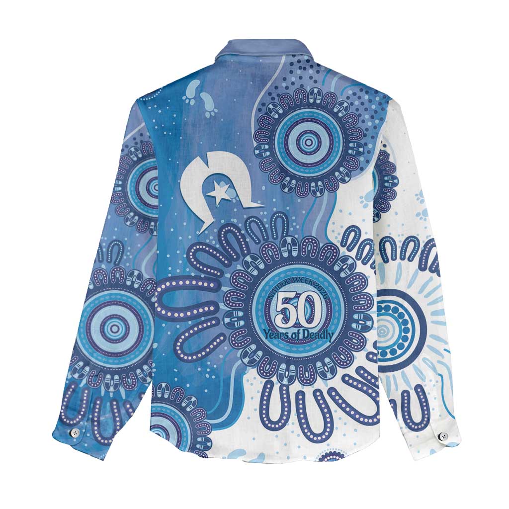 NAIDOC Week 2026 Women Casual Shirt 50 Years Deadly Dhari Blue Aboriginal Art