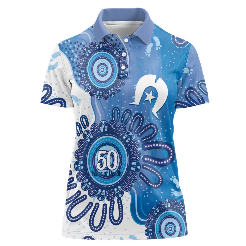 NAIDOC Week 2026 Women Polo Shirt 50 Years Deadly Dhari Blue Aboriginal Art