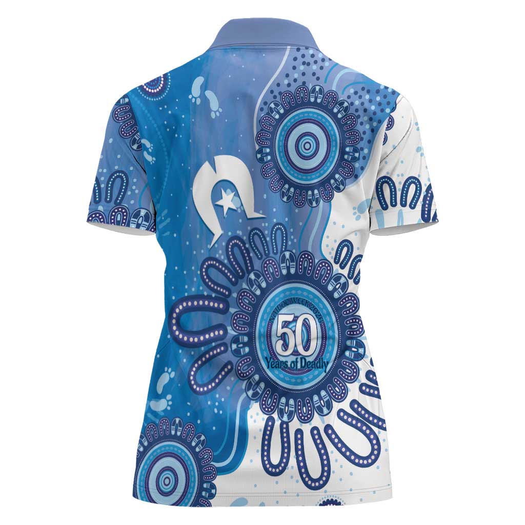 NAIDOC Week 2026 Women Polo Shirt 50 Years Deadly Dhari Blue Aboriginal Art
