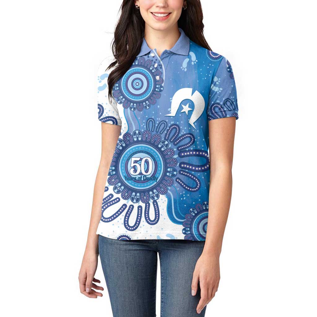 NAIDOC Week 2026 Women Polo Shirt 50 Years Deadly Dhari Blue Aboriginal Art