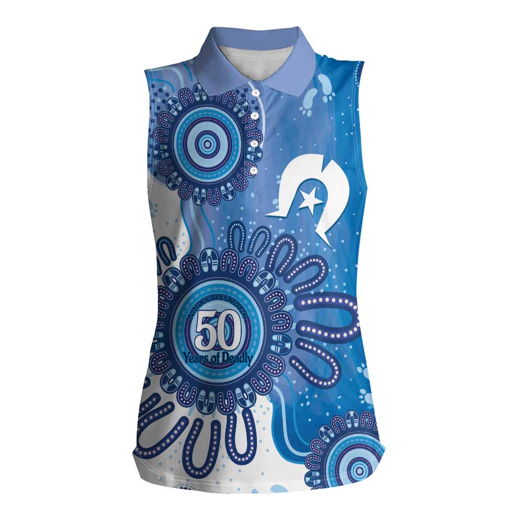 NAIDOC Week 2026 Women Sleeveless Polo Shirt 50 Years Deadly Dhari Blue Aboriginal Art