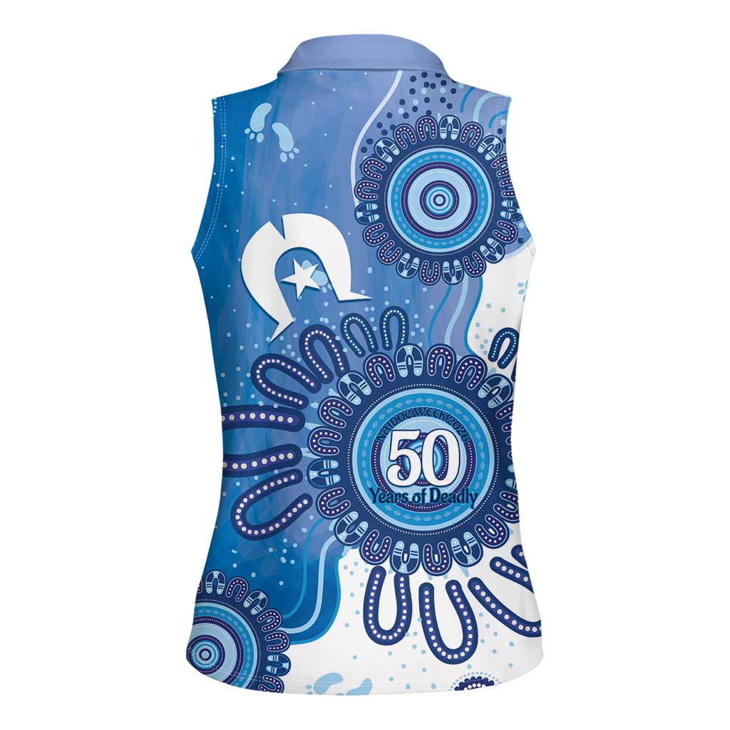 NAIDOC Week 2026 Women Sleeveless Polo Shirt 50 Years Deadly Dhari Blue Aboriginal Art