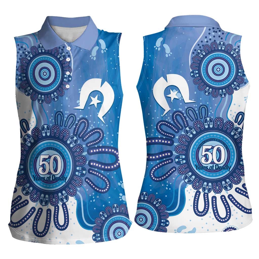 NAIDOC Week 2026 Women Sleeveless Polo Shirt 50 Years Deadly Dhari Blue Aboriginal Art